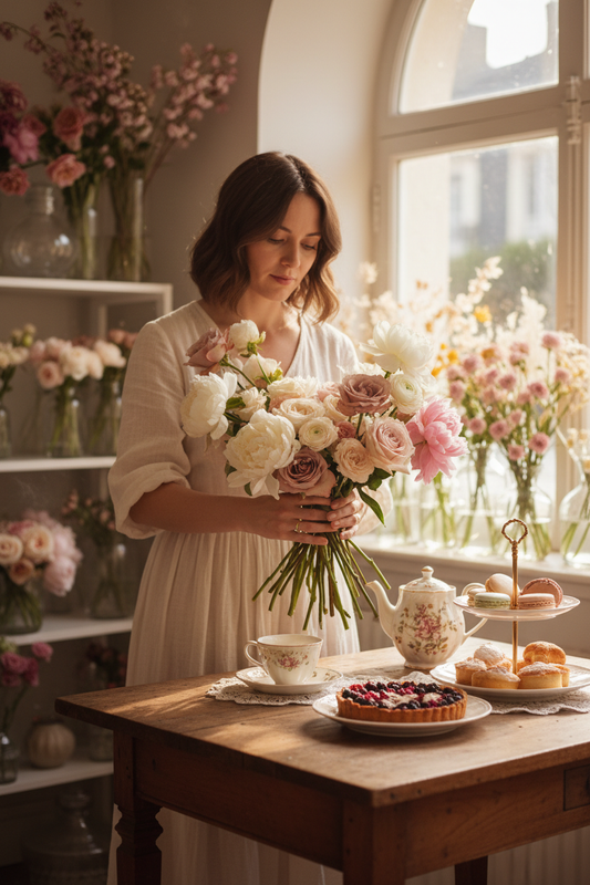 Atelier goûter créatif Lunel - arrangement floral et pâtisseries le samedi après-midi